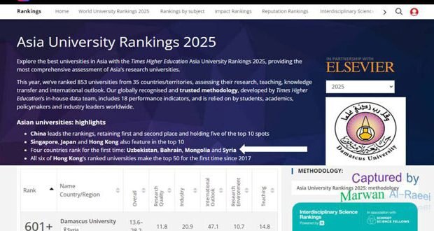 جامعة دمشق تحقق إنجازاً تاريخياً وتُدرج لأول مرة في تصنيف التايمز الآسيوي المرموق
